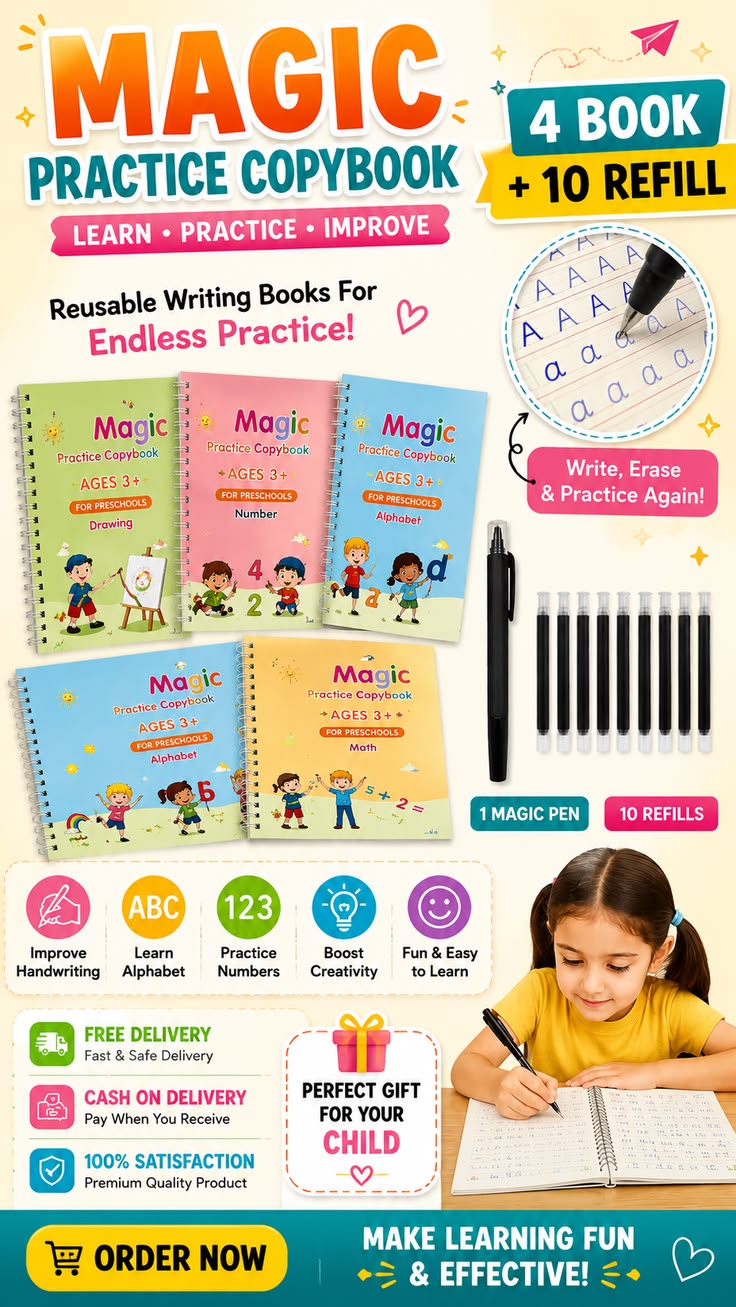 Sank Magic Practice Copybook Set for Kids | 4 Book + 10 Refills +1 Pen