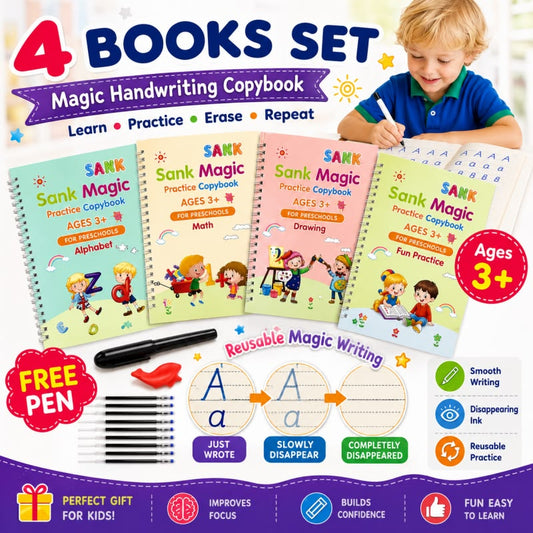 Sank Magic Practice Copybook Set for Kids | 4 Book + 10 Refills +1 Pen