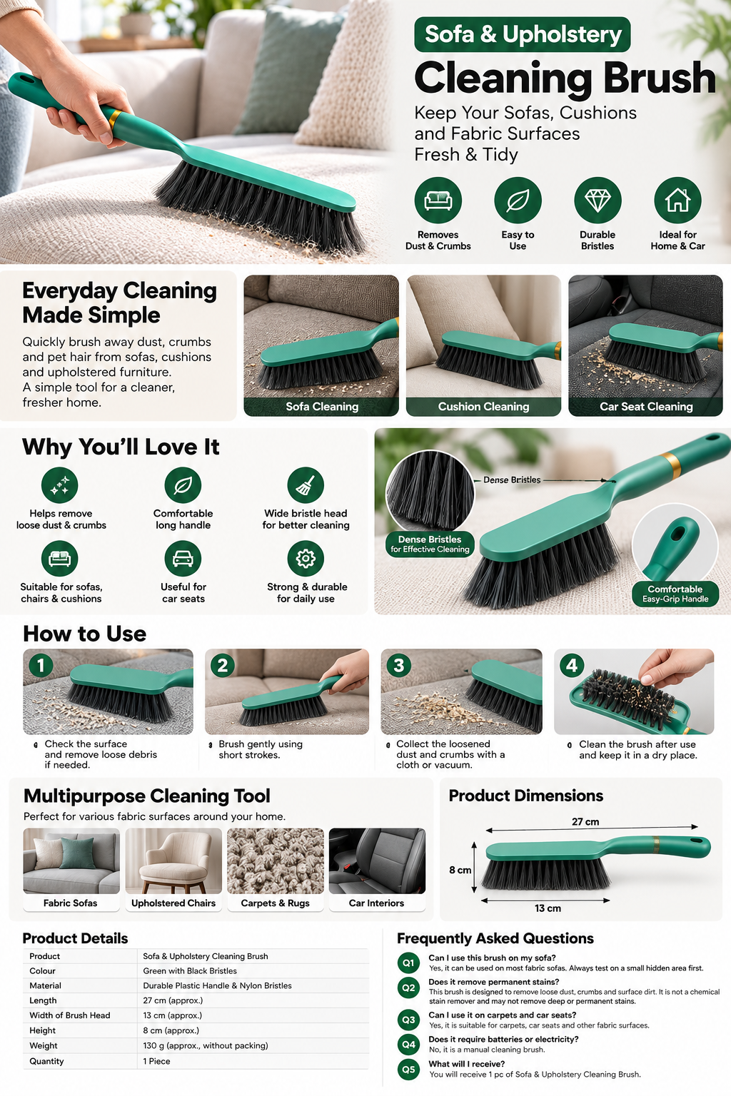 Sofa & Upholstery Cleaning Brush | Long-Handle Dust & Crumb Cleaner