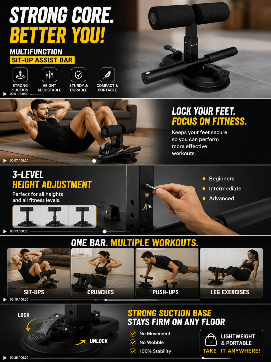 Adjustable Sit-Up Assistant for Home Workout | Strong Suction Base