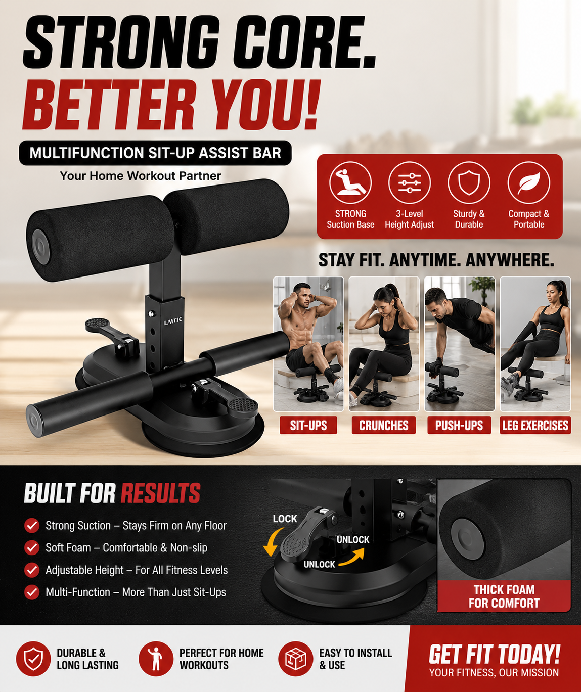 Adjustable Sit-Up Assistant for Home Workout | Strong Suction Base