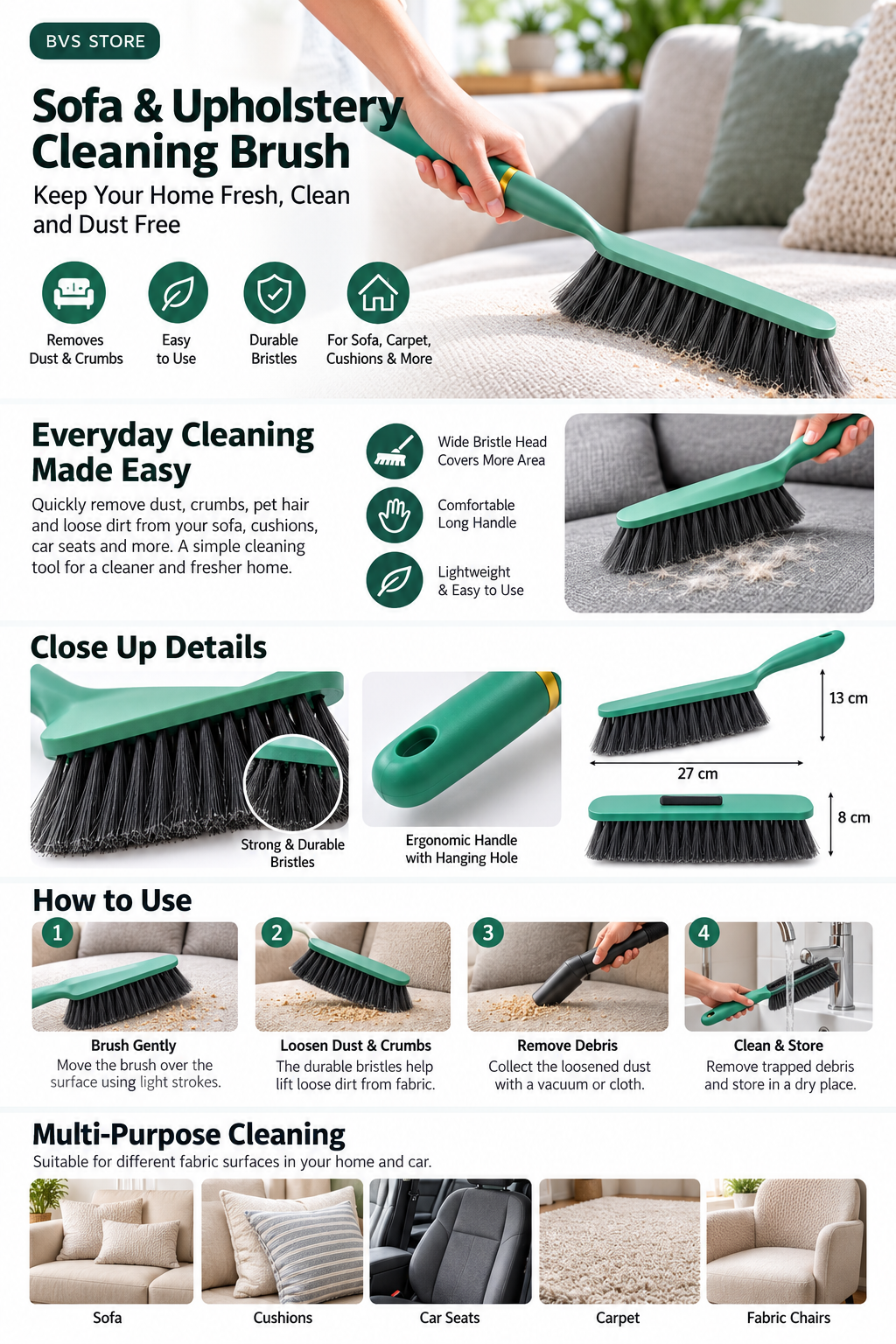Sofa & Upholstery Cleaning Brush | Long-Handle Dust & Crumb Cleaner