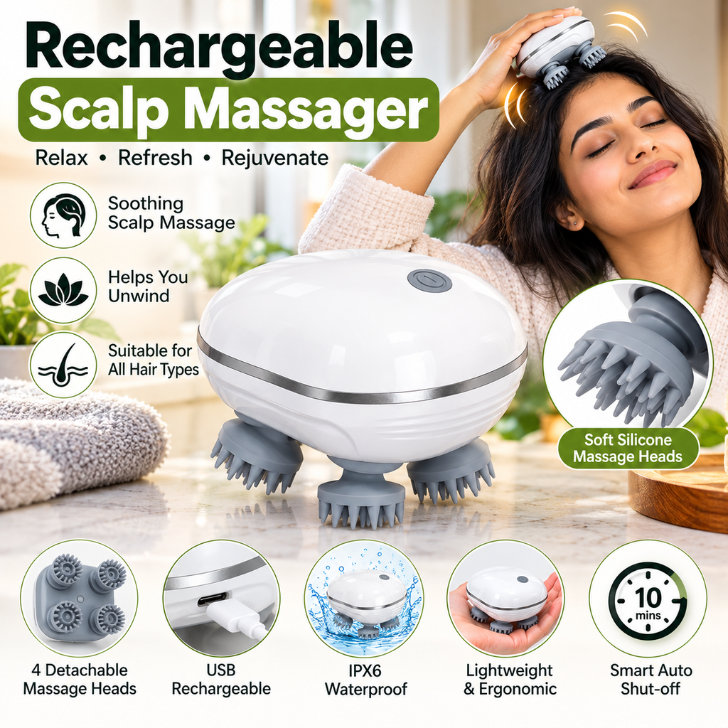 4-Head Electric Scalp Massager  Rechargeable Waterproof Head & Body Massager